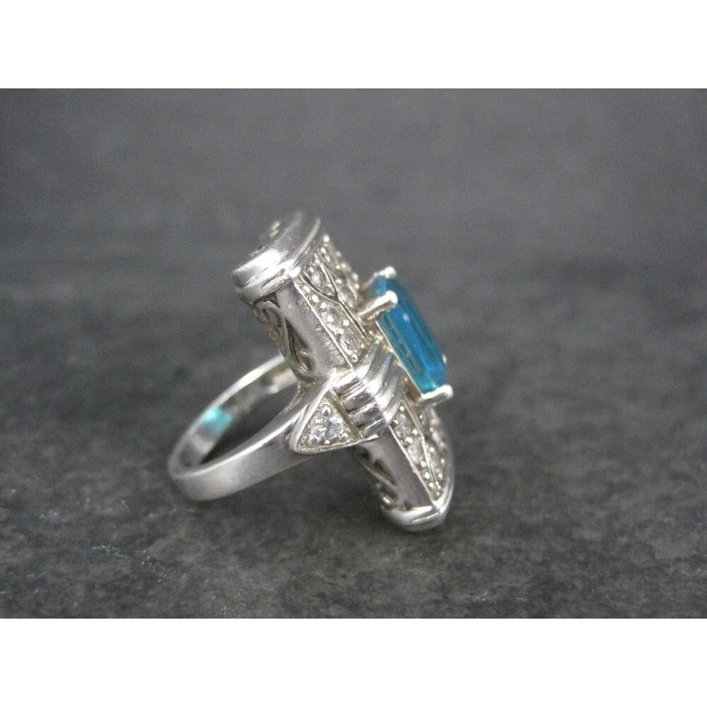 Art Deco Style Sterling Silver Blue & White Topaz Ring Size 6